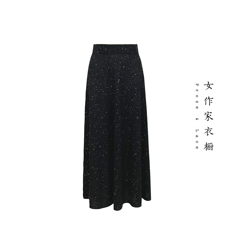 【夜未央】黑色亮片A版羊毛针织裙 100%美丽诺羊毛 秋冬百搭