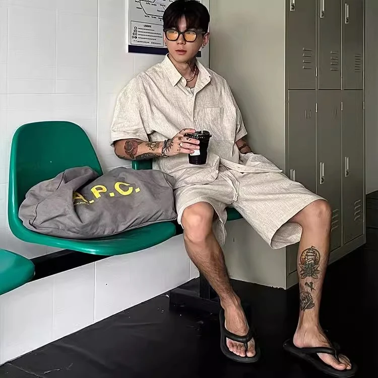 OXFREAK「老钱的假日」棉麻混纺高级感套装男夏季薄款短袖宽松短裤