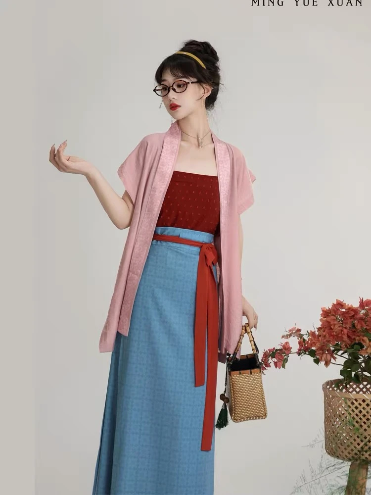 [夏至]汉服女宋制背心开衫纯色吊带日常通勤两片裙旋裙三件套