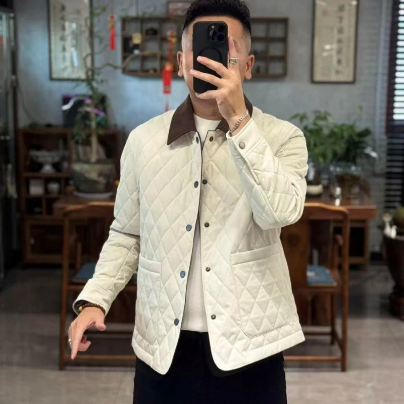高品质男士欧货秋冬季经典撞色翻领单排扣时尚休闲男士薄棉服外套