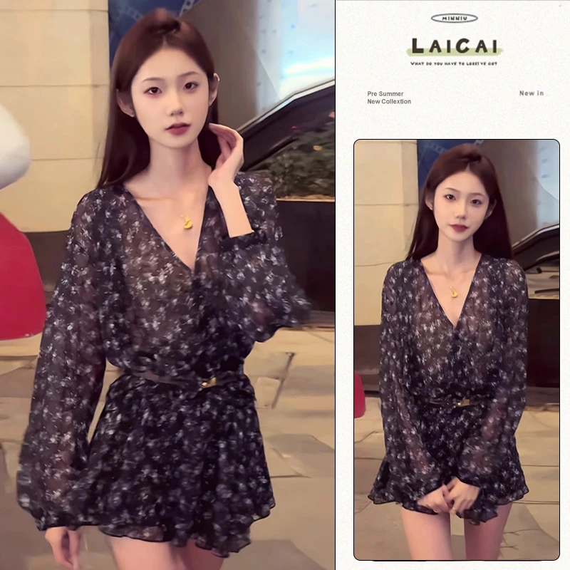 C408法式印花收腰衬衫短裙夏季新款叠穿百搭高腰设计感V领连衣裙