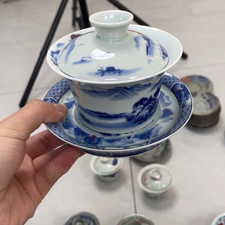瓷片景德镇富春山居图三才马蹄盖碗