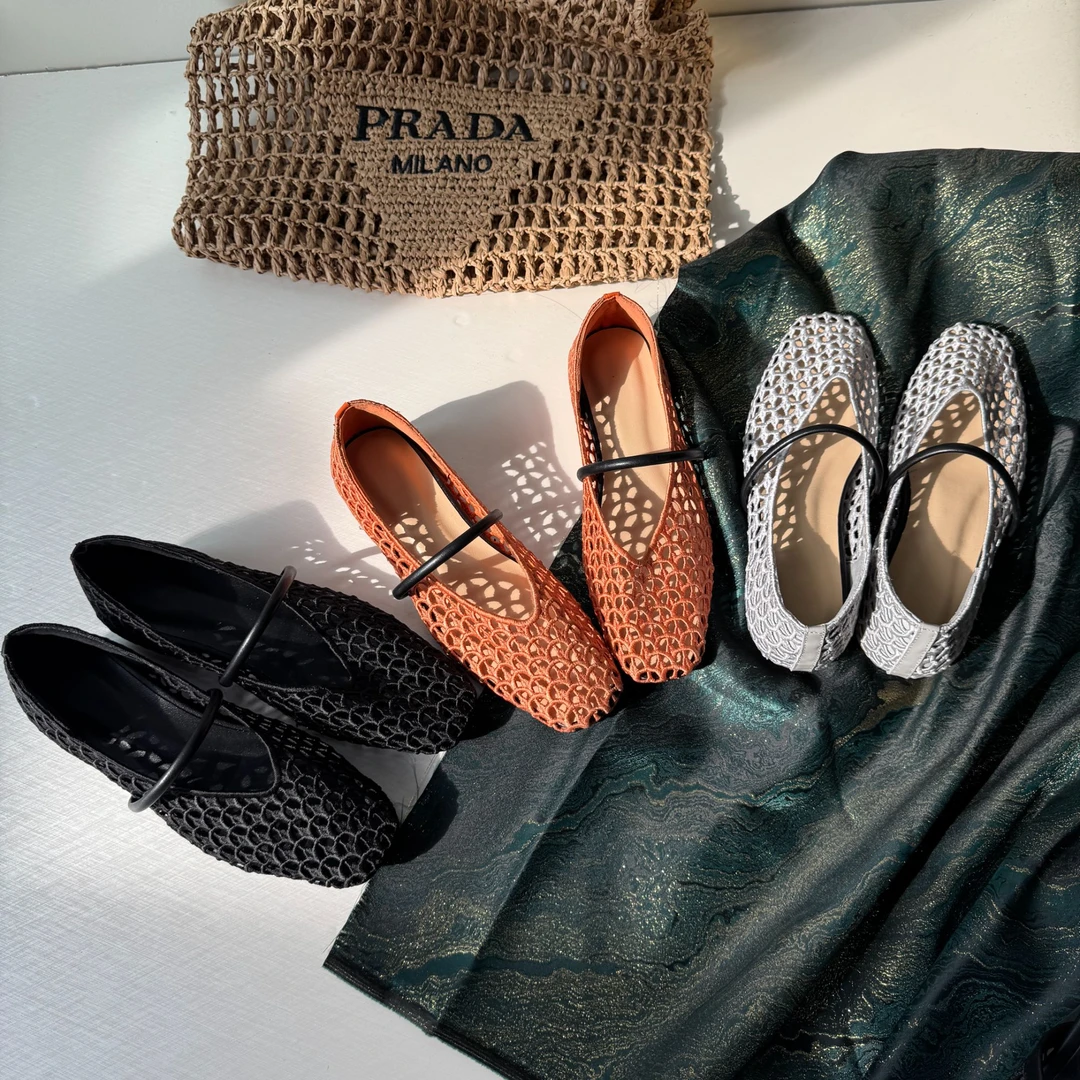 时尚百搭夏季小香风手工编织镂空网面一字带平底单鞋女芭蕾风单鞋