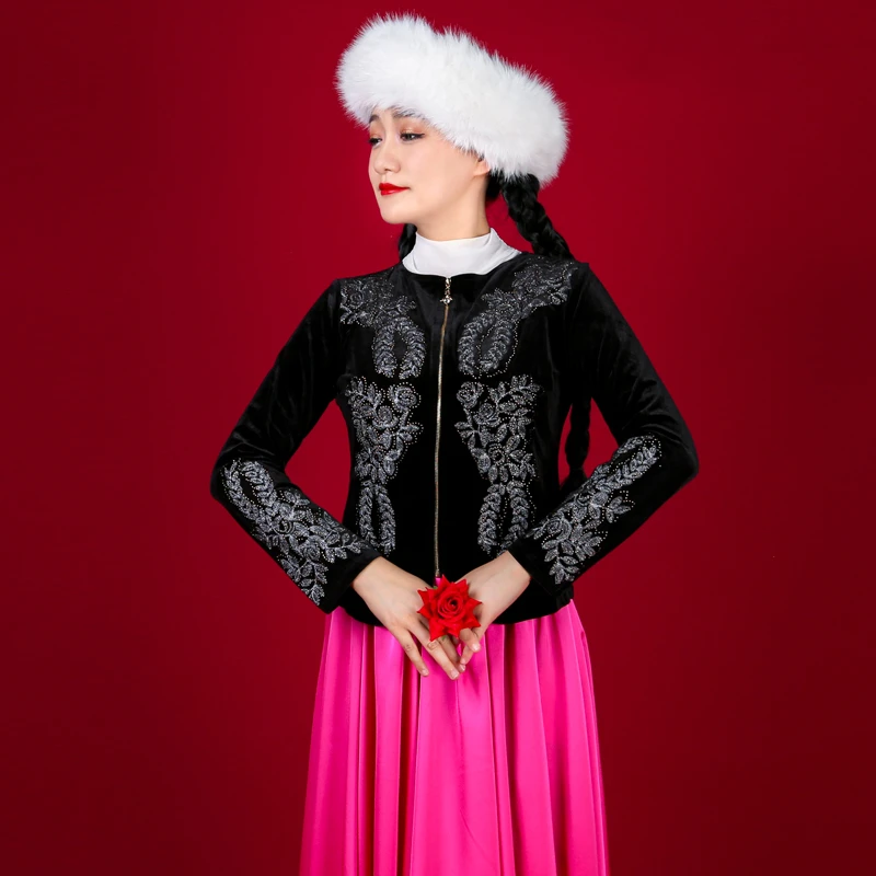 天翼美新疆舞蹈服维族舞服新款刺绣点金工艺圆领金丝绒上衣外套