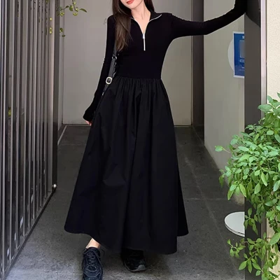 |有口袋|法式赫本风黑色长袖针织时尚连衣裙子女高级感显瘦长裙