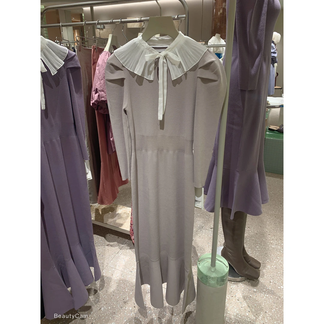 美子酱 日系甜美百褶荷叶花边领可拆卸系带针织鱼尾连衣裙S4075-1