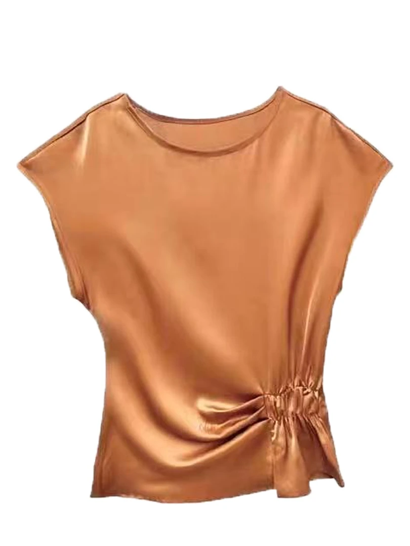 【夏日温柔】2025夏季新款设计感收腰褶皱光泽优雅气质短袖T恤女潮