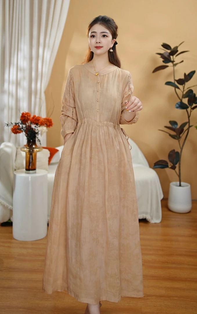 【素雅】夏季新品长款苎麻宽松收腰显瘦系带大裙摆连衣裙长裙3113