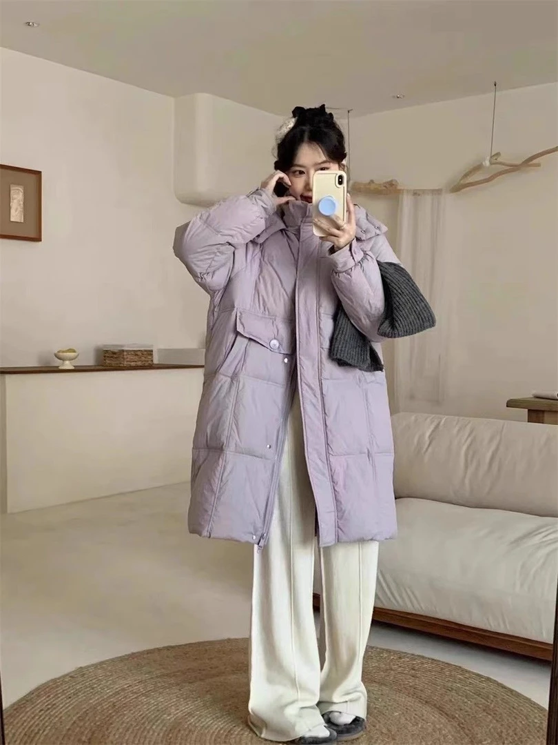 韩版宽松连帽羽绒服女中长款2024冬新款M扣加厚保暖鸭绒外套