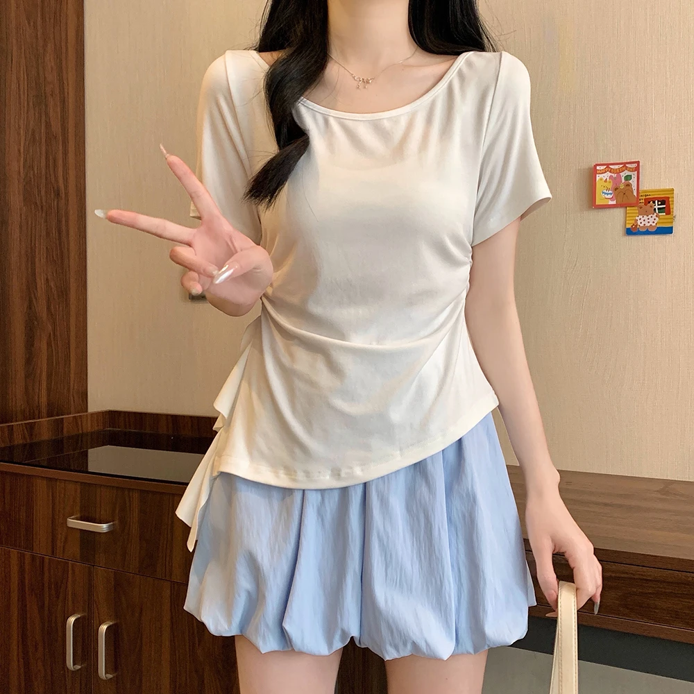 荷叶边抽绳收腰短袖T恤女夏季款显白黄色正肩大码胖mm不规则上衣