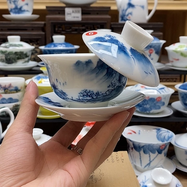 手绘江南水乡悬停盖碗150cc釉下彩微瑕福利款