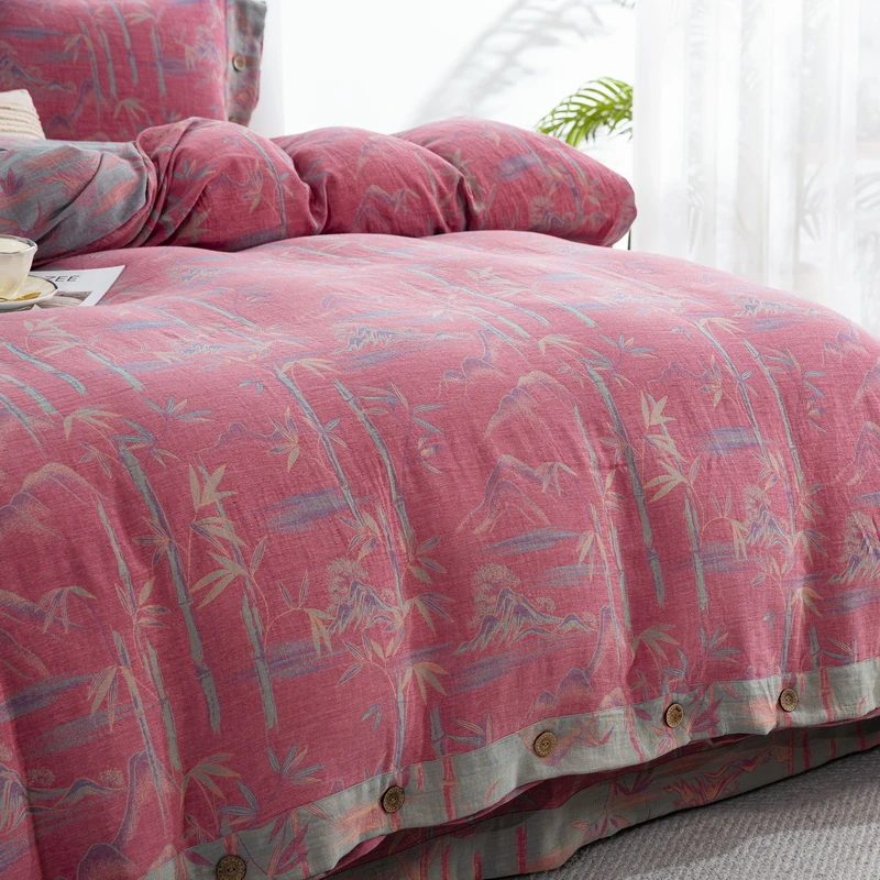 无品牌【竹报平安-多色】全棉A类双层纱四件套家纺轻奢加厚床单主卧