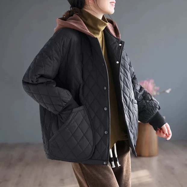 菱形拼色贴标休闲宽松连帽棉衣潮女2025秋冬装棉服时尚夹棉外套