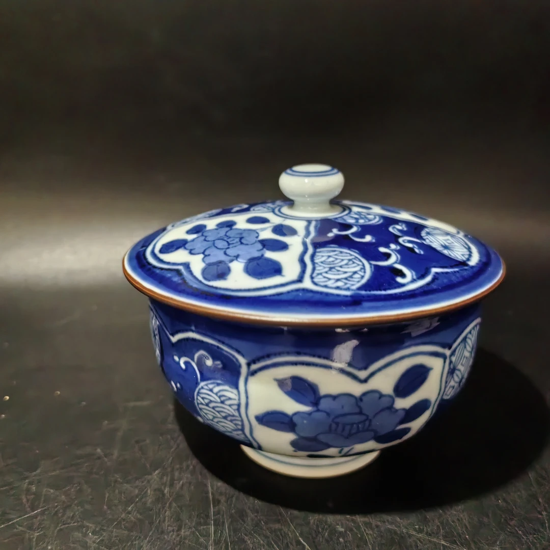 青吉窑青花染付牡丹盖杯01/100-1wj陶瓷釉下彩茶具