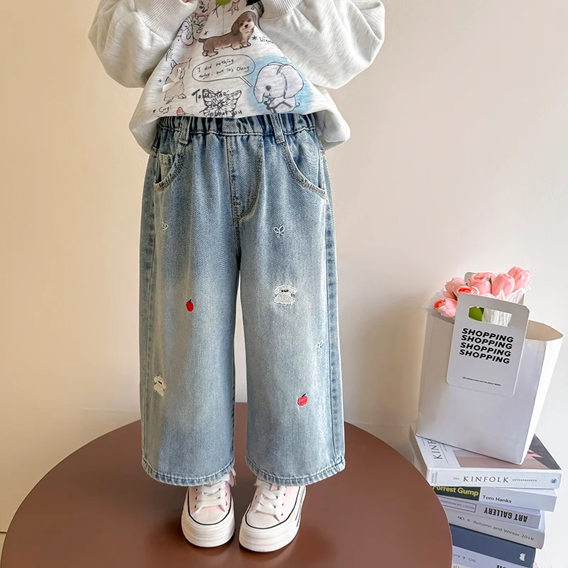 女童绣花阔腿牛仔裤洋气儿童春秋装新款女宝宝休闲裤子小女孩时髦