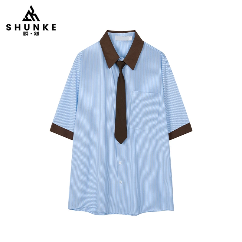 ShunKe瞬刻 夏季时尚百搭简约男女款宽松条纹撞色送领带短袖衬衫