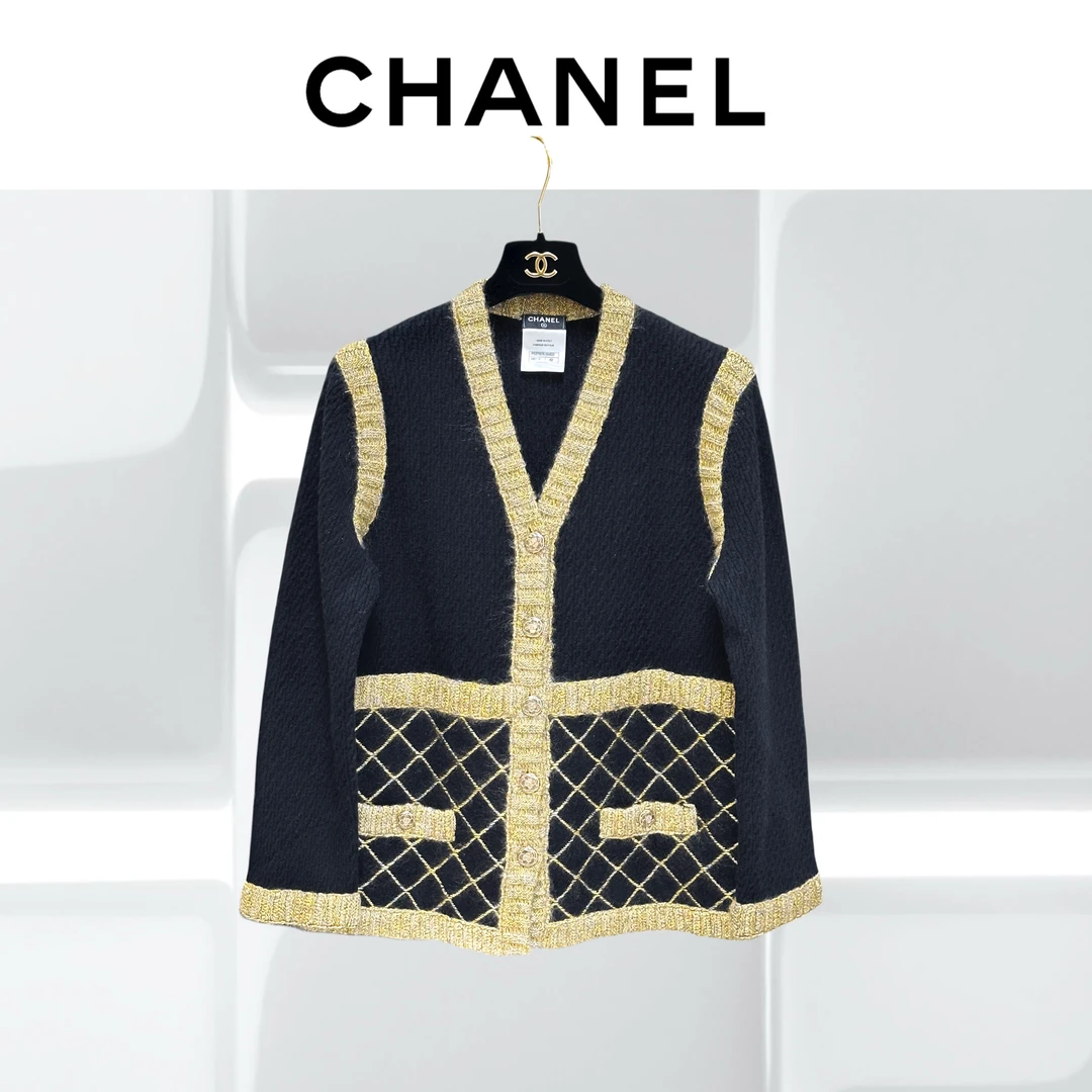 99新 Chanel/香奈儿 42码餐厅系列黑金v领长袖开衫，外套