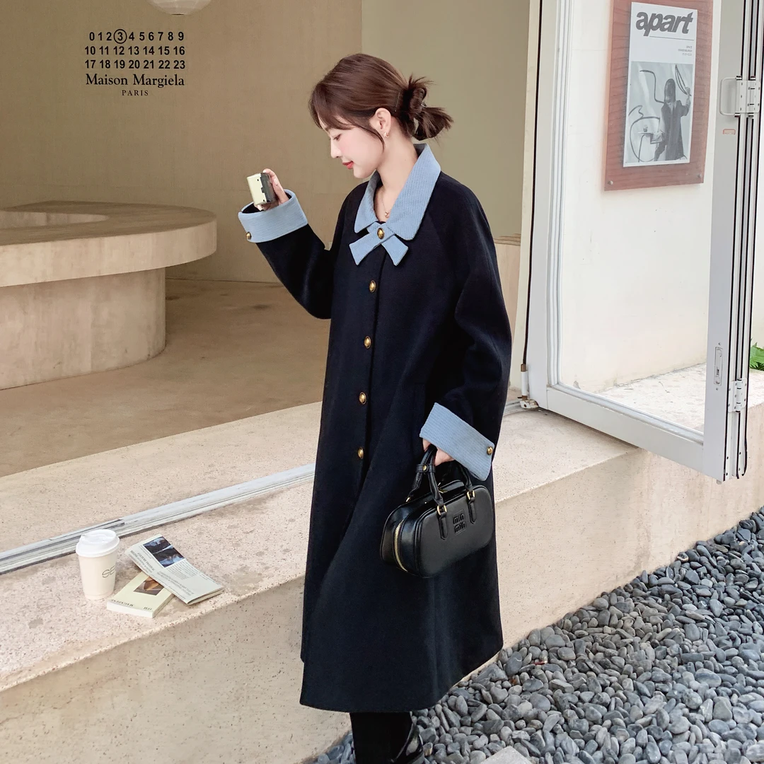 黑色少女感小香风蝴蝶结毛呢外套女2025秋冬季新款氛围感呢子大衣