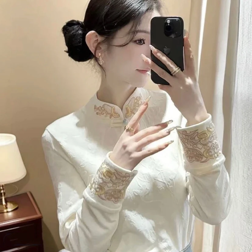 “水滴立领” 刺绣浮雕加绒 冬精致袖新中式长袖提花打底衫"