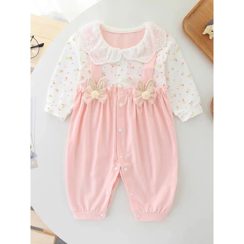 婴儿连身衣春装纯棉套装新生儿满月衣服超萌女宝宝公主哈衣爬爬服