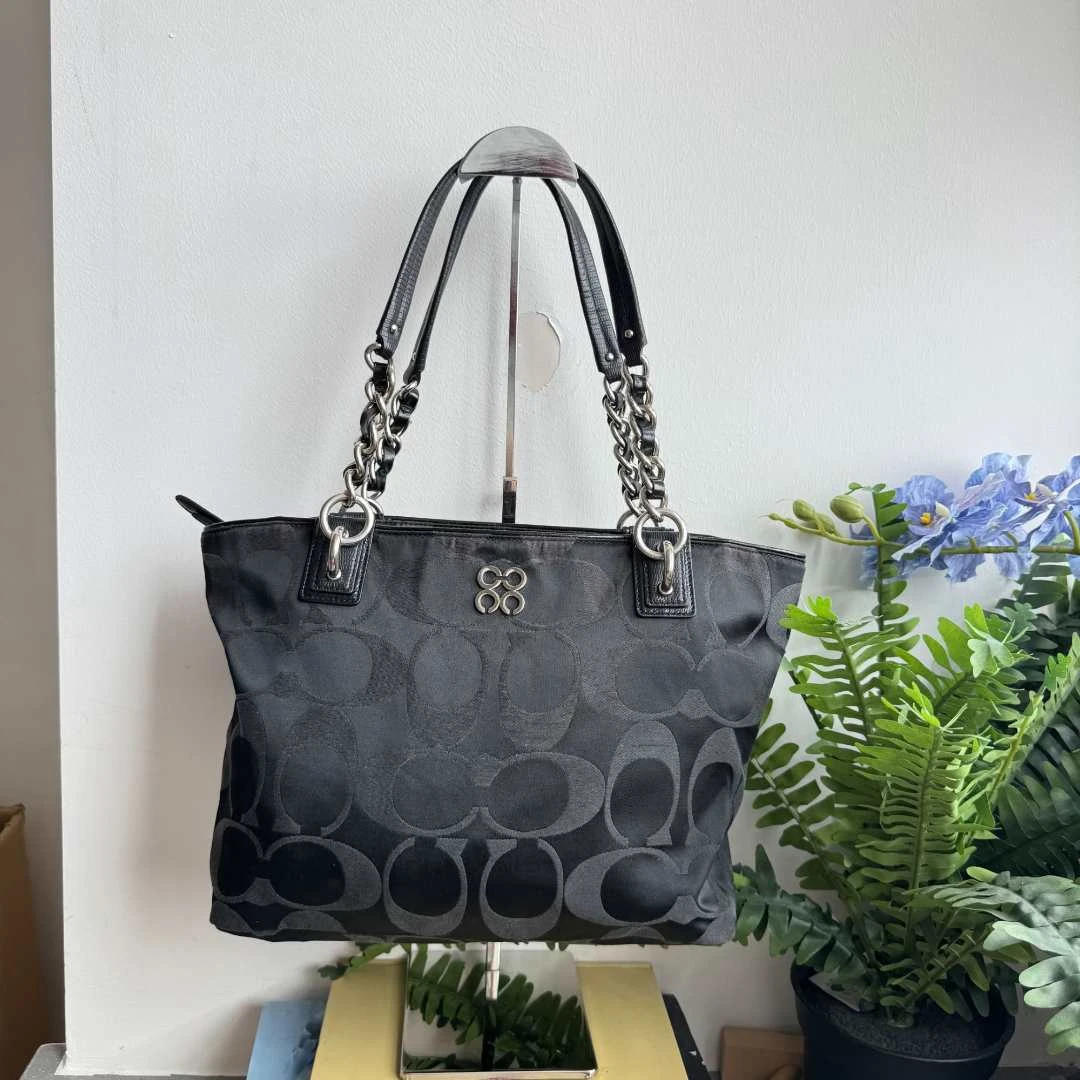 95新 COACH/蔻驰 中古老花黑色托特手提腋下包056