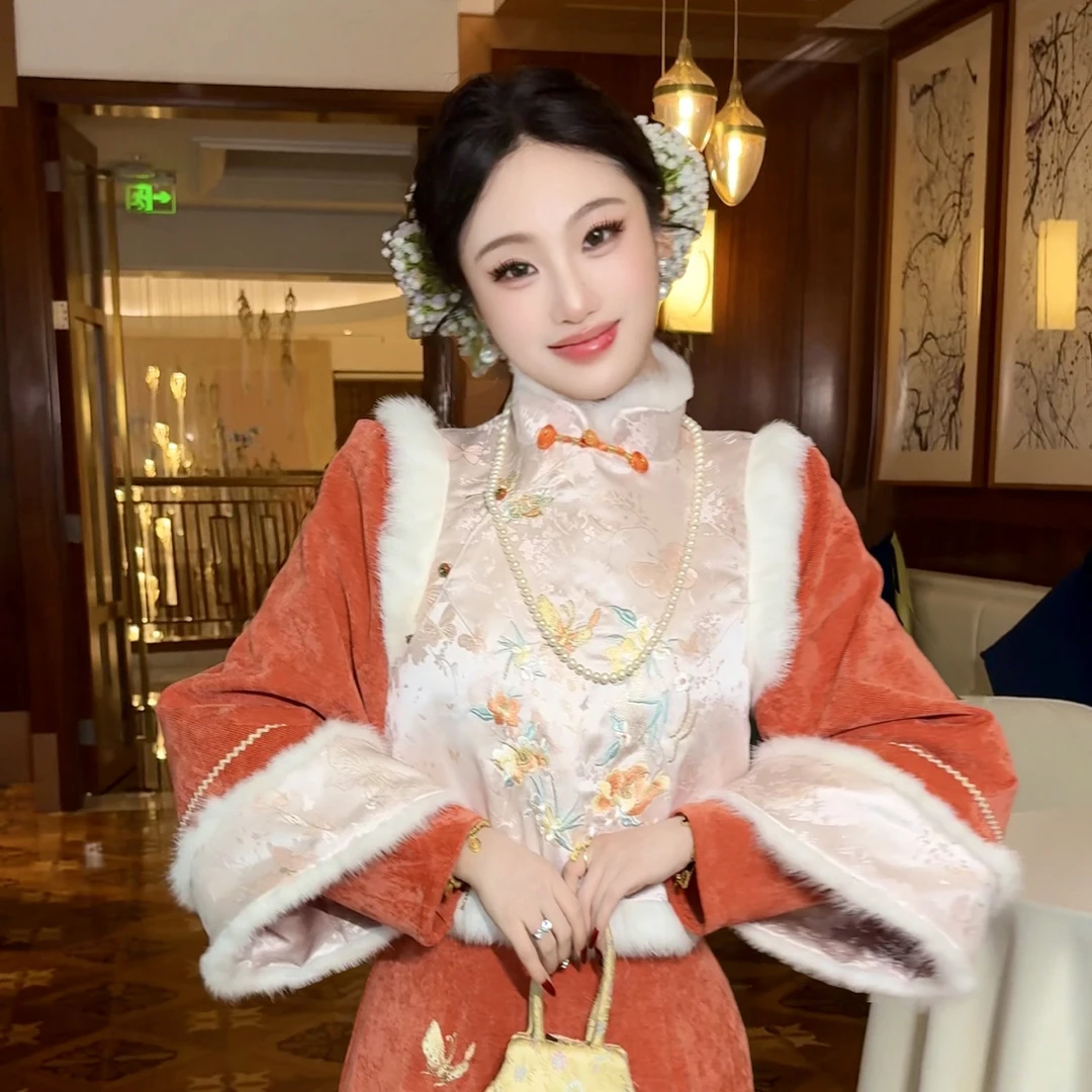 【媛珠 喜气甜梅】重工刺绣国风马甲+旗袍连衣裙套装秋冬长款拜年装