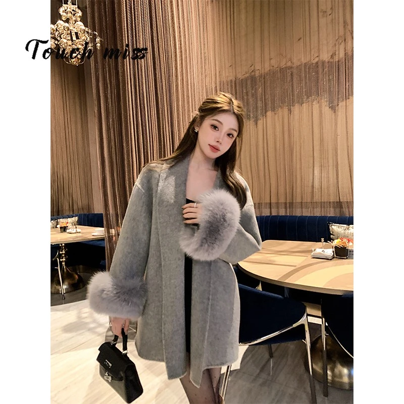 TOUCH MISS系带双面羊绒大衣女冬可拆卸狐狸毛高级感斗篷毛呢外套