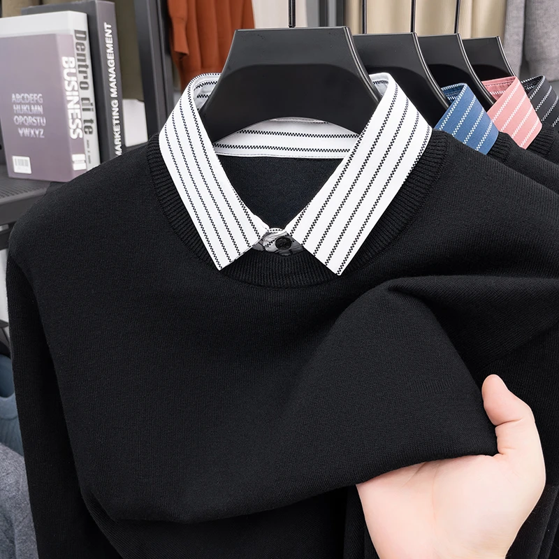 秋季新款男士针织衬衫领毛衣保暖打底假两件针织衫休闲韩版春秋