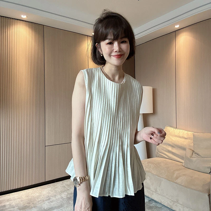 咔呐咪~百褶天丝亚麻轻薄透气显瘦无袖醋酸洋气百搭背心