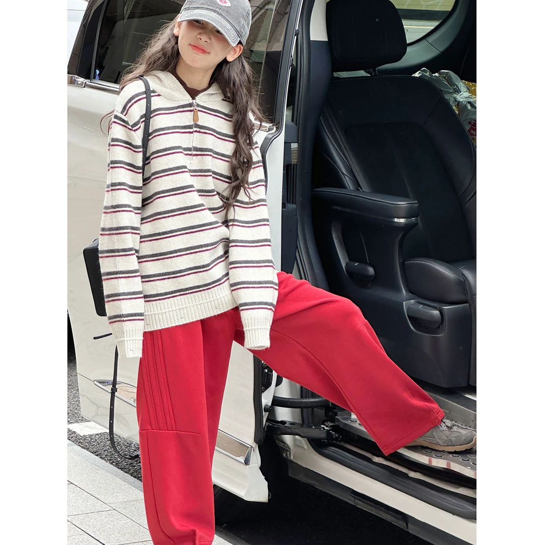 K29936孙小美半拉链女童毛衣2025秋装新款儿童条纹上衣秋冬针织衫