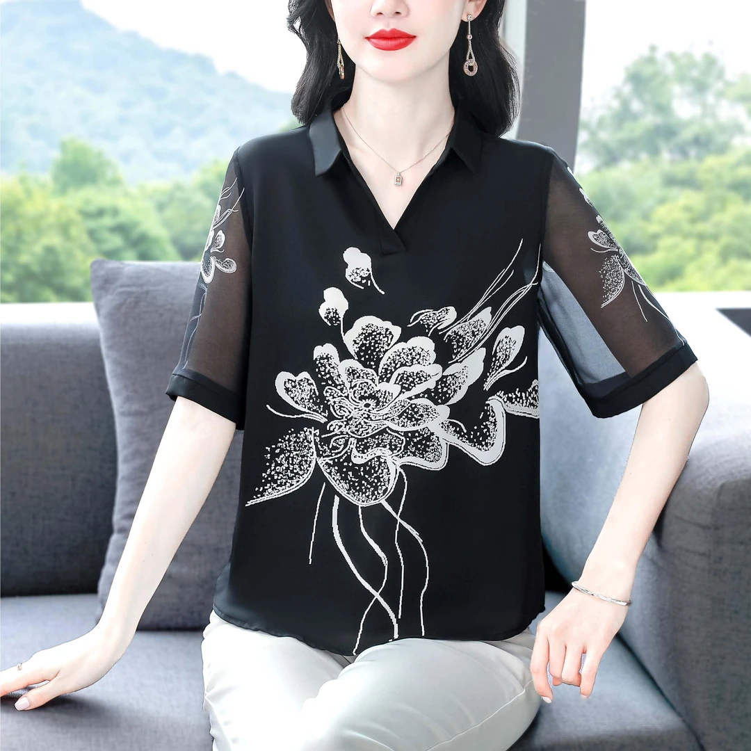 夏季新款雪纺衬衫翻领印花上衣V领舒适透气宽松休闲时尚小衫6801