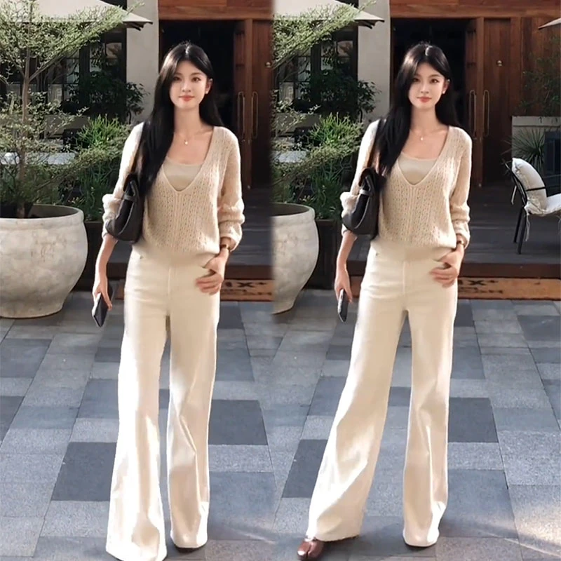 2025秋季新款设计感小香风百搭真两件长袖上衣女背心休闲裤三件套