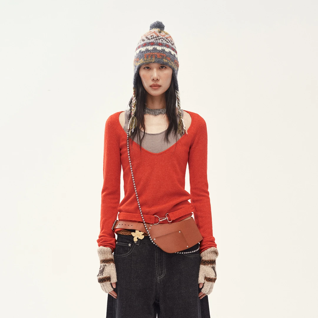 【MEDIUM WELL】noundnound假两件钩扣修身针织长袖上衣25早秋新款