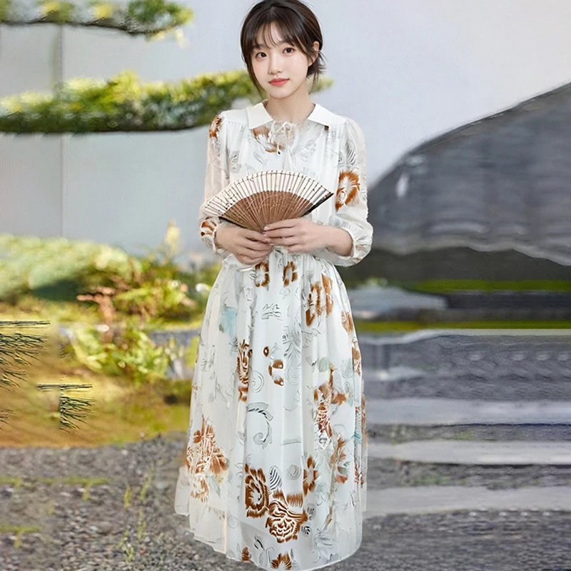 桑蚕丝连衣裙设计感印花桑蚕丝连衣裙收腰显瘦LW  2Q159