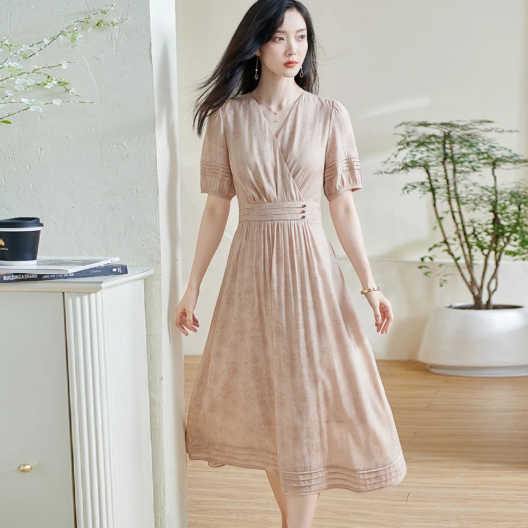 【丽公主专属】夏季新款气质高端V领暗纹提花连衣裙5Q24BL1031