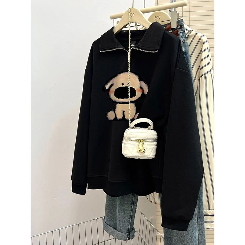 慵懒松弛感加绒加厚Polo领卫衣女秋冬季设计感宽松半拉链外套上衣