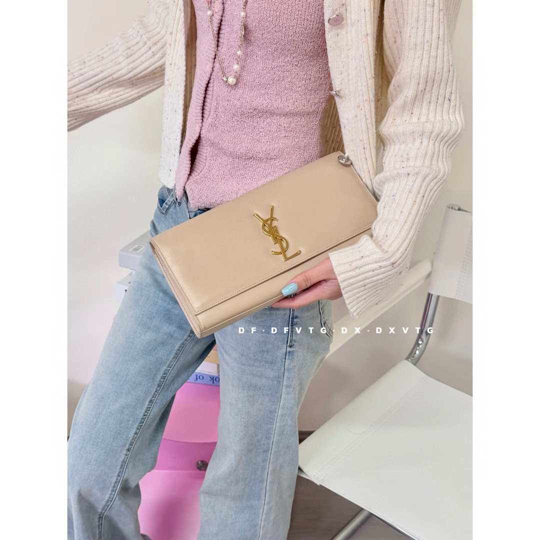 95新 YSL/圣罗兰 ysl 奶茶色翻盖手拿包K