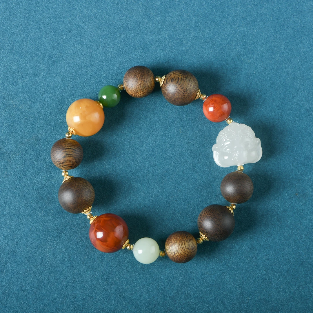 沉香大叻黑奇楠沉水和田玉象神蜜蜡南红多宝手链