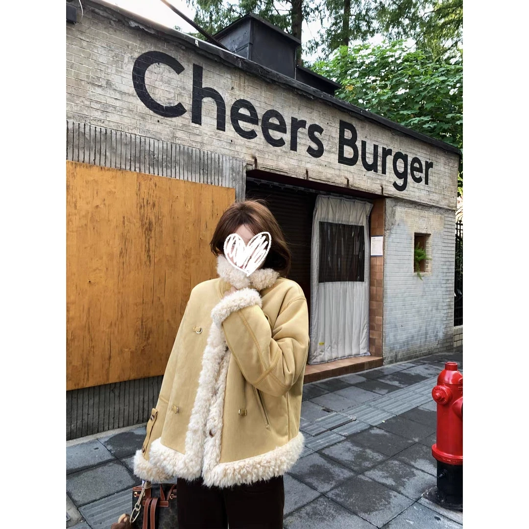 西野新星/拼皮小立领皮毛一体毛绒外套冬季新款保暖韩系上衣女