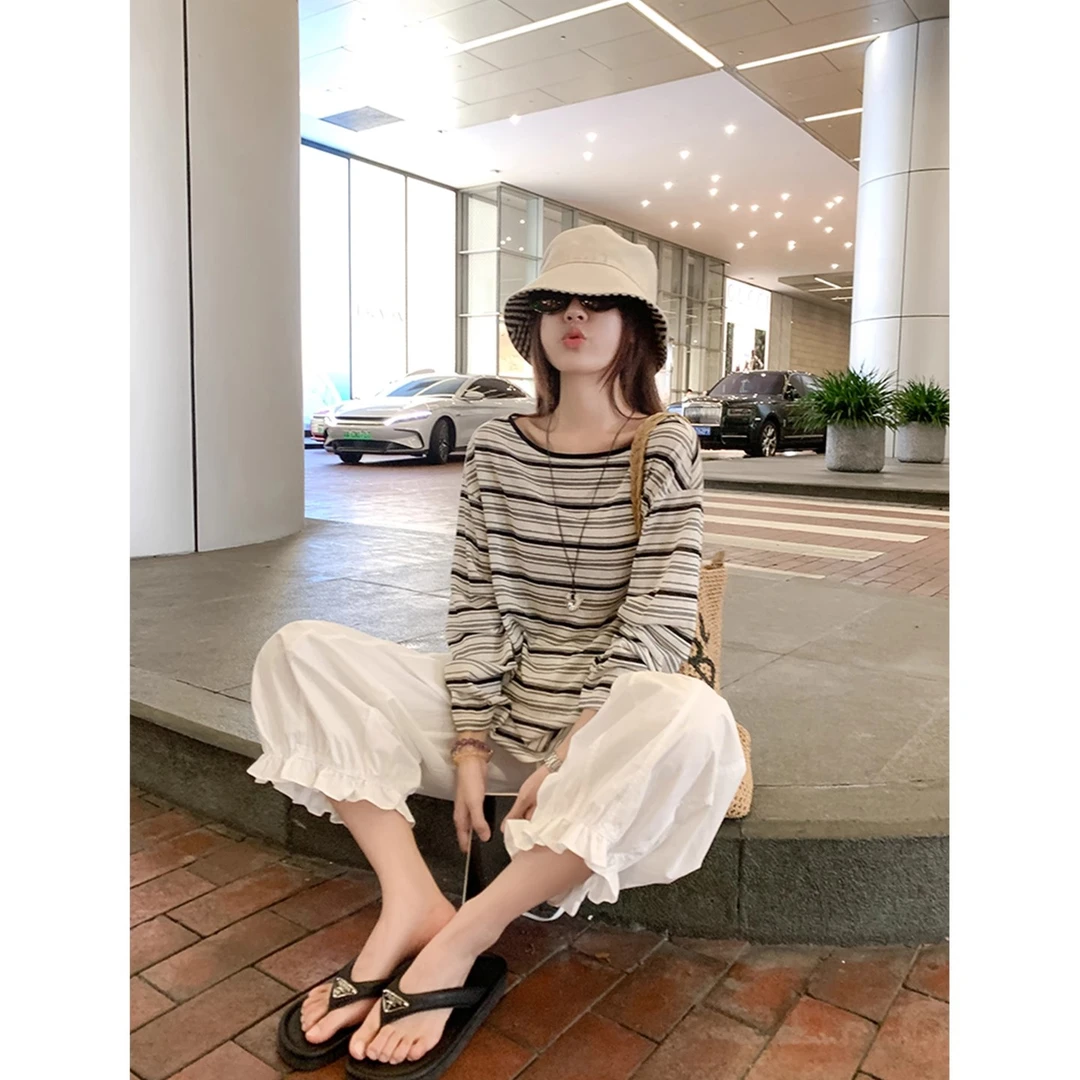 早秋撞色条纹后背镂空罩衫上衣女宽松小个子防晒长袖t恤夏季薄款