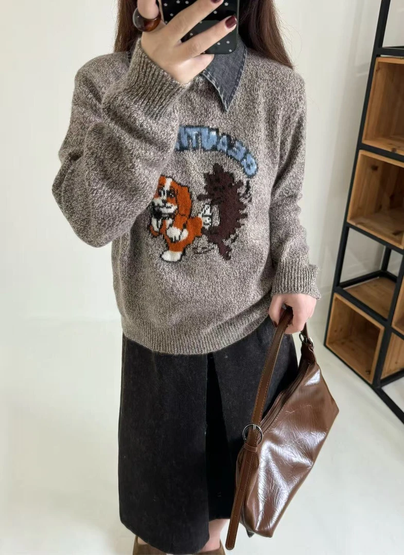 【甲木力推】小狗印花牛仔领子套头毛衣