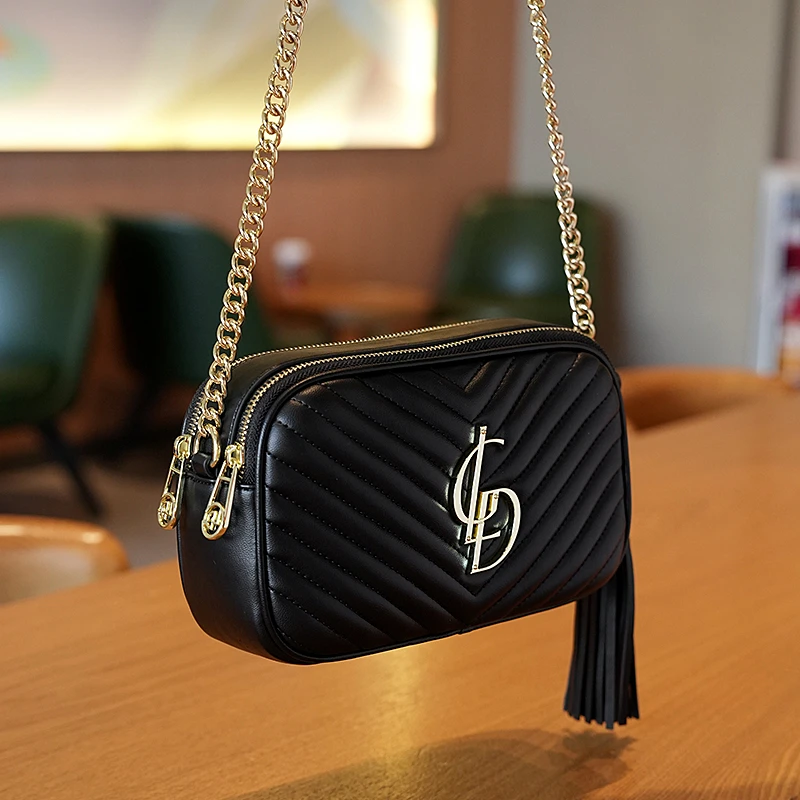 GELANDAI黑金小方包流苏奢华质感时尚百搭单肩斜挎菱格链条包1231