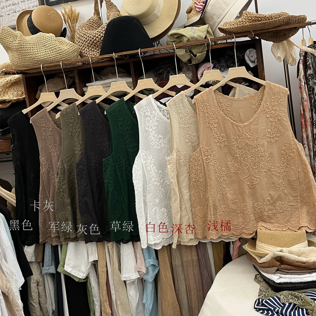 夏季轻薄款棉麻绣花背心吊带上衣女文艺复古韩版宽松洋气无袖上衣