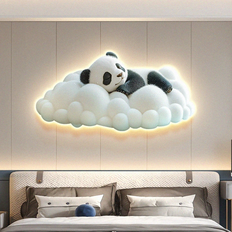 奶油风熊猫儿童房间装饰画卡通月亮卧室挂画床头背景墙面带灯壁画