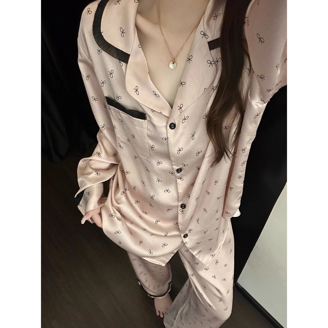 可爱简约玫瑰粉蝴蝶结冰丝睡衣女春秋2025新款长袖长裤家居服套装