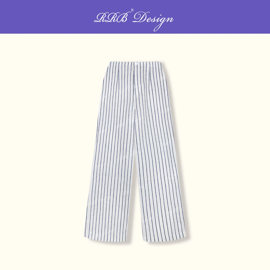 RRB Design 「Navy core」进口亚麻条纹显瘦松紧腰直筒竖条纹长裤