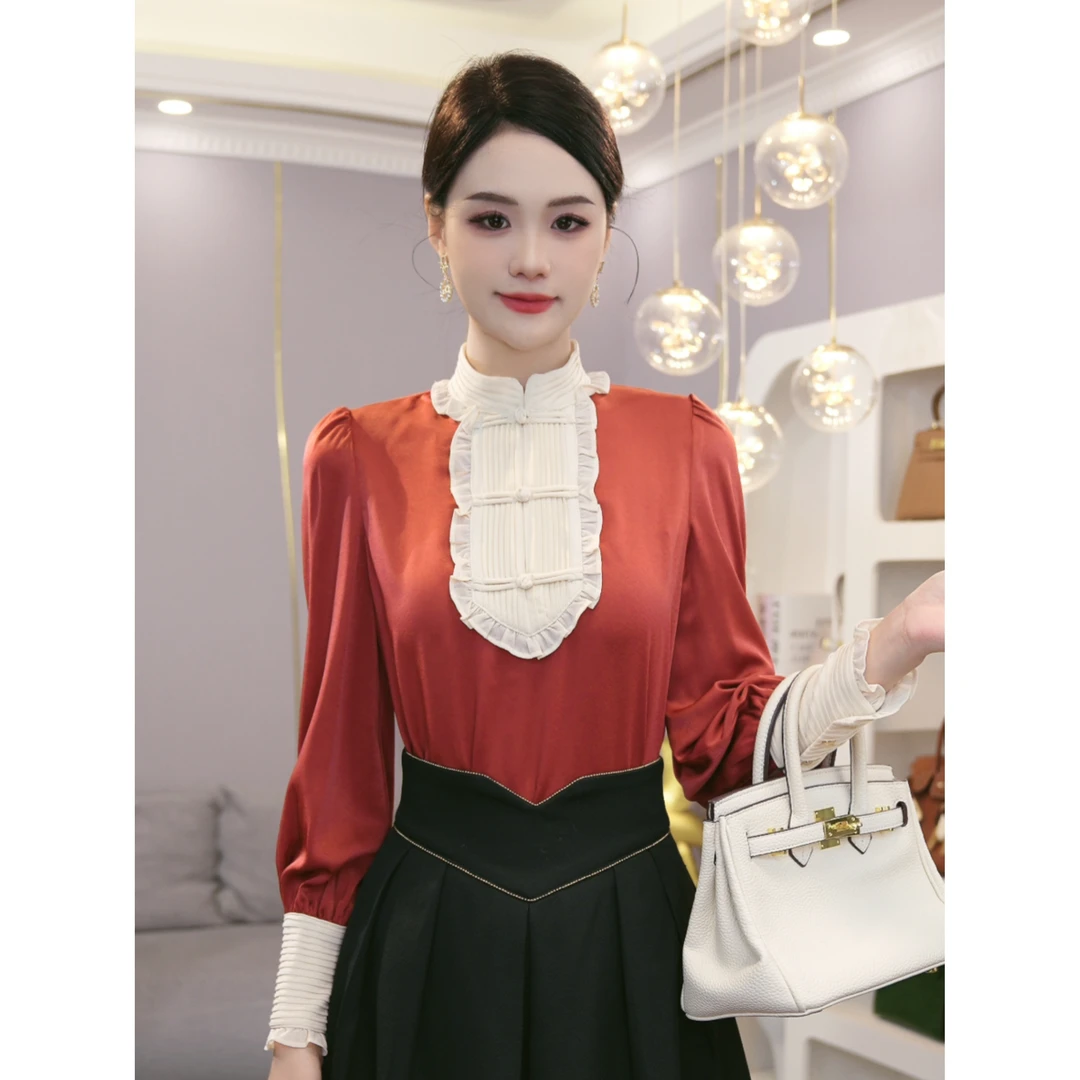 唐熹2025年春秋季【DD-995-1】高级感气质小众缎面拼接国风洋气上衣