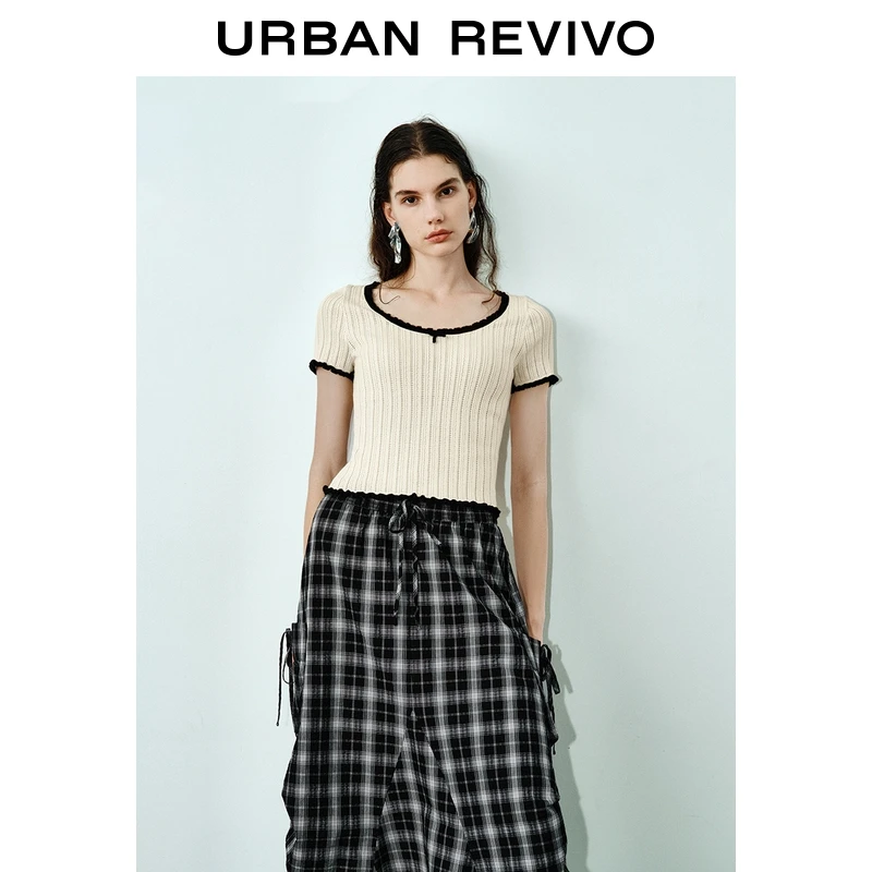 UR2025秋季新款女装撞色木耳边肌理感短袖针织衫UWM950056