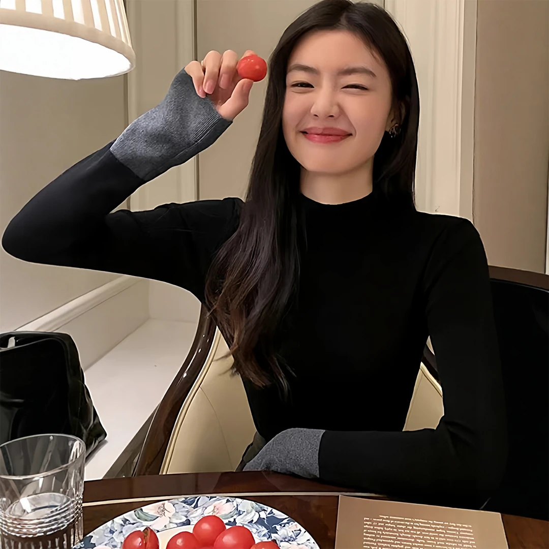 薄款立领修身针织长袖毛衣女绝美撞色秋冬内搭柔软贴身包芯纱上衣