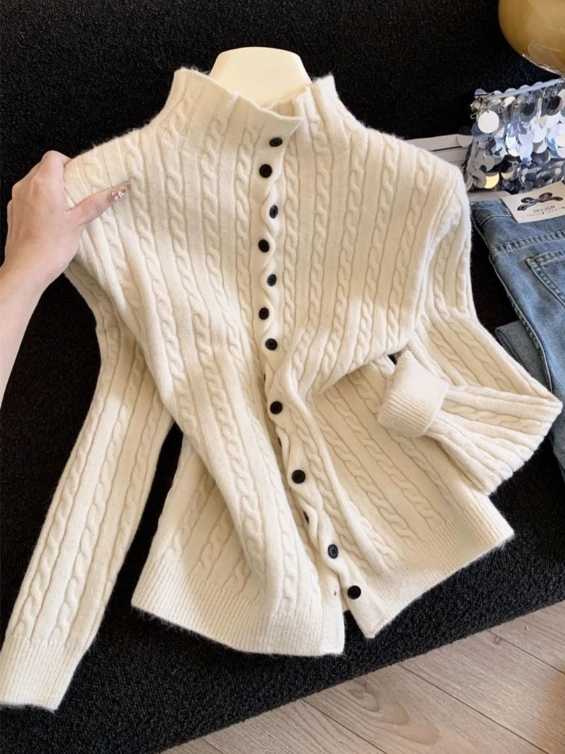 韩版百搭麻花加厚针织开衫2025秋冬新款半高领小个子毛衣外套上衣